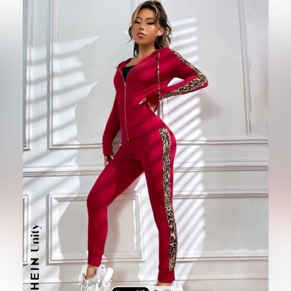SHEIN leopard print side seam drawstring zip up hoodie and pants